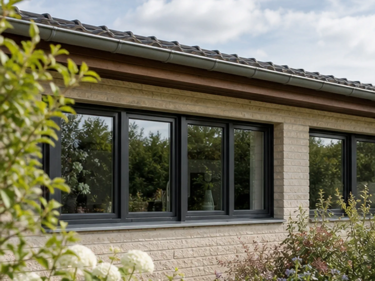 Niedrige Dachlinie und Fenster eines deutschen Bungalows