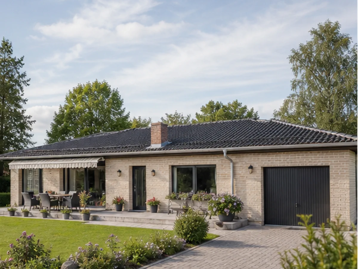 Winkelbungalow mit Terrasse, Garage und Garten