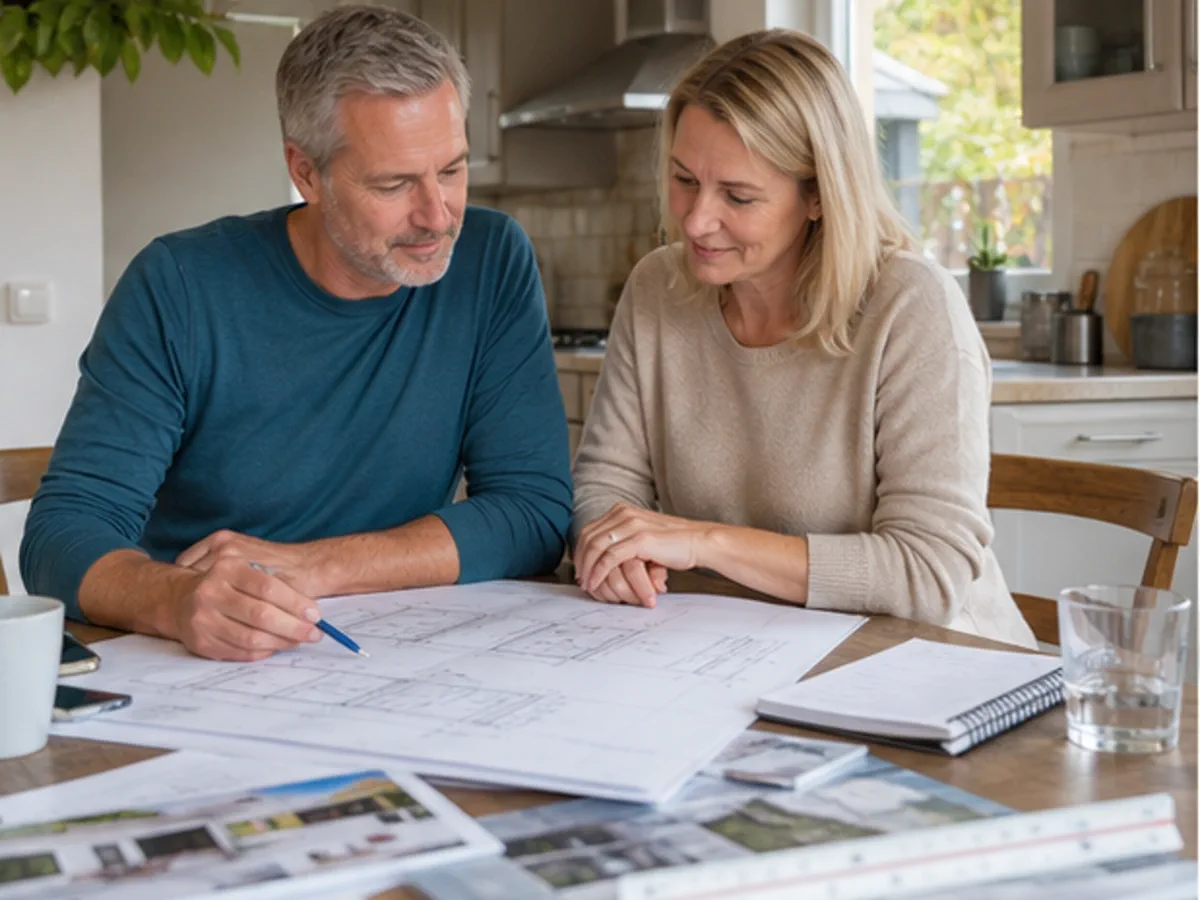 Eigentümer besprechen Unterlagen ihres Bungalows